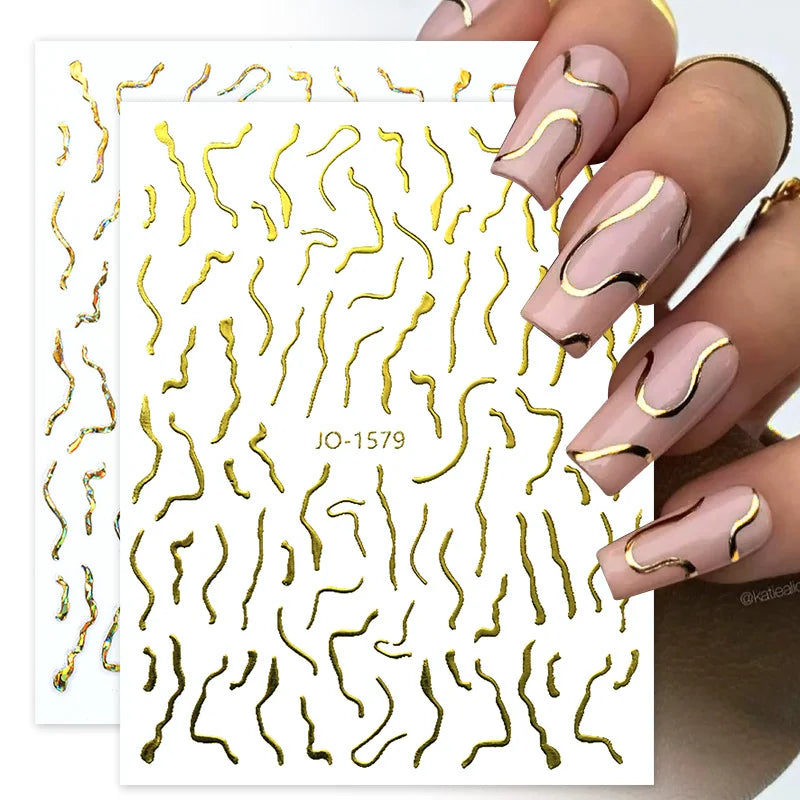 3D Nail Stickers Set with Gold Silver Geometric Floral Designs for Nail Art