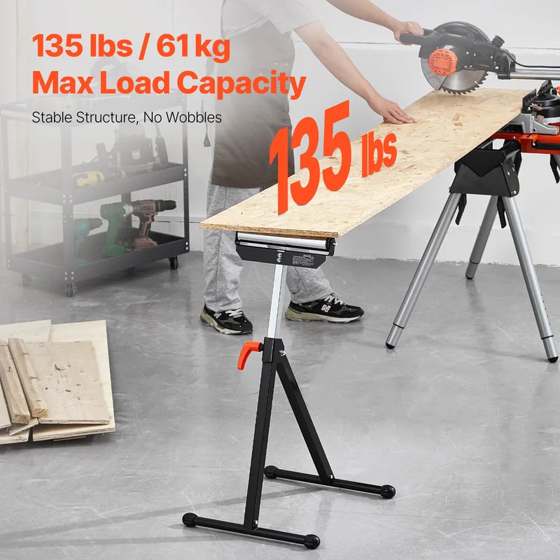 Heavy Duty Folding Roller Stand with Adjustable Height and Steel Roller Head for Woodworking