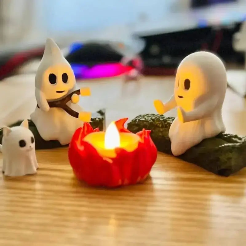 Halloween Ghost & Animal Campfire Statues Set Spooky Outdoor Decor