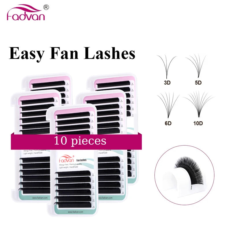 Pre-Made Flare Eyelash Extensions 10-Row Rapid Fan Silk Lashes for Volume