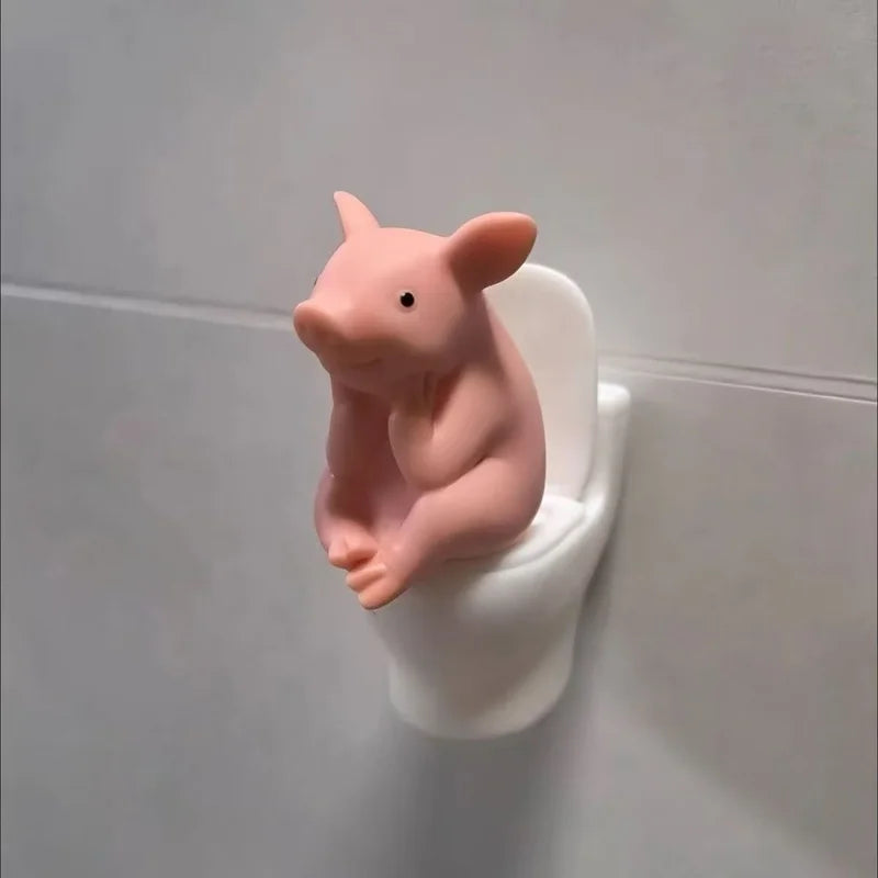 Pink Pig on Toilet Figurine - Whimsical PVC Home & Office Decor