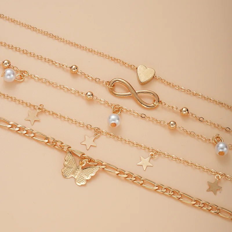 5Pcs Retro Multilayer Tassel Anklet Set for Women Beach Jewelry Bohemia Vintage Foot Accessories