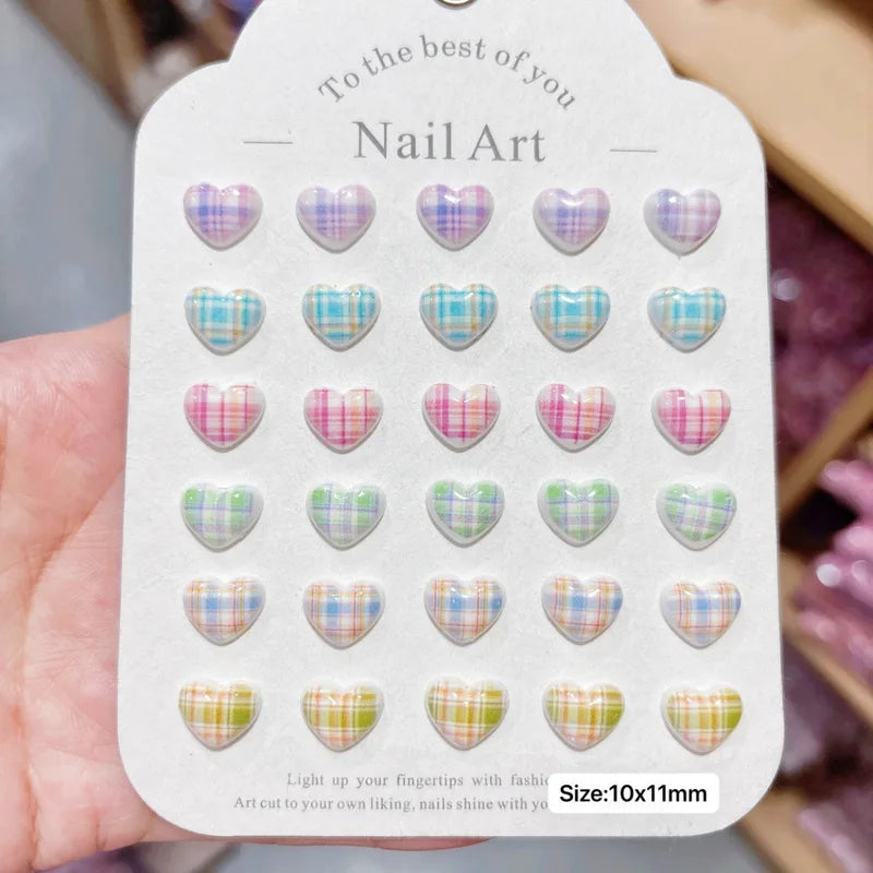 Heart Plaid Nail Charms 3D Sweet Girl Nail Art Decor for DIY Kawaii Manicures