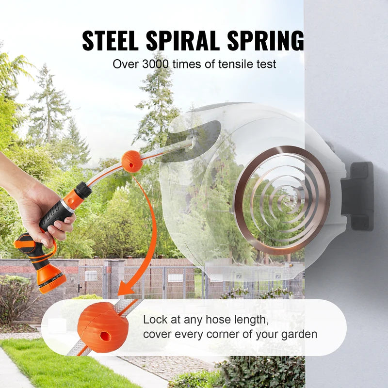 Retractable Garden Hose Reel Wall Mount with 180° Swivel and 9-Pattern Nozzle