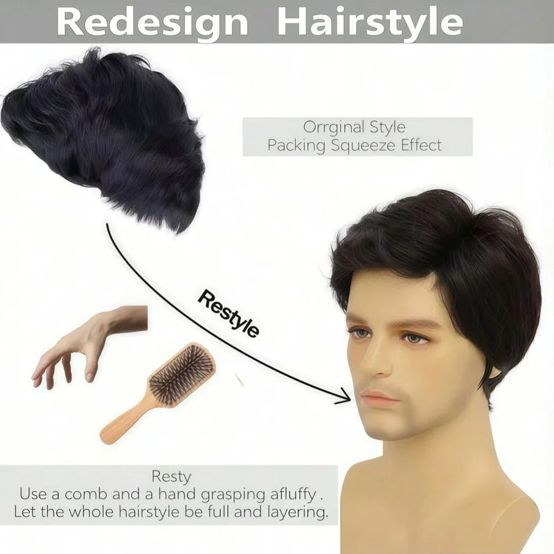 Men's Brown Short Fluffy Synthetic Wig with Side Bangs, Heat-Resistant Coily Fiber for Cosplay