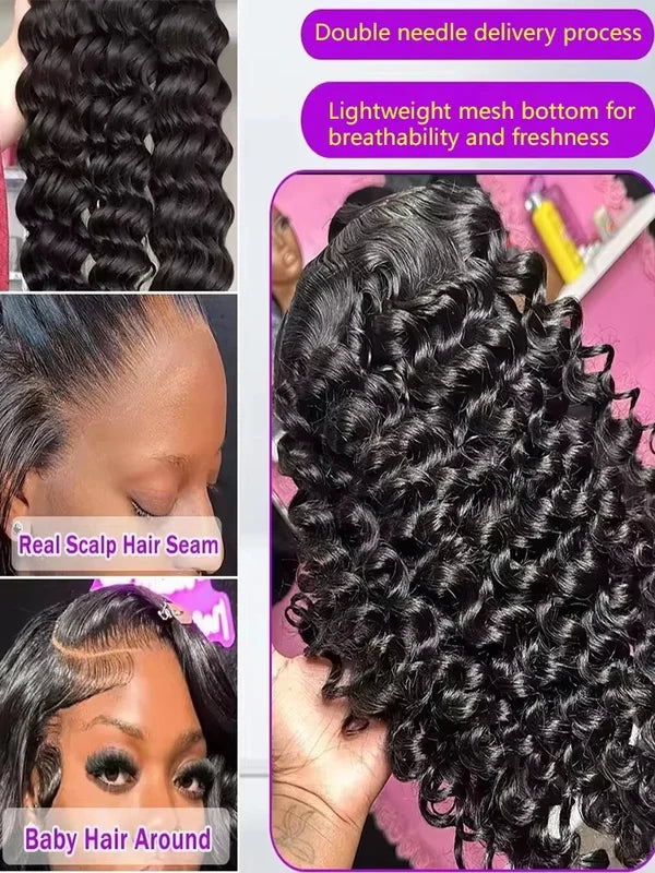 Deep Wave Human Hair Wig 13x6 HD Transparent Lace 220 Density Curly Front Wigs