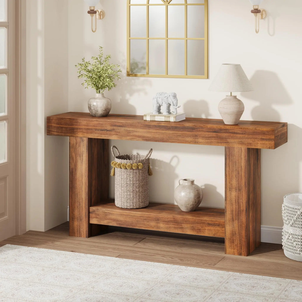 Farmhouse 47-Inch Wooden Console Table with Open Storage for Entryway, Living Room & Hallway