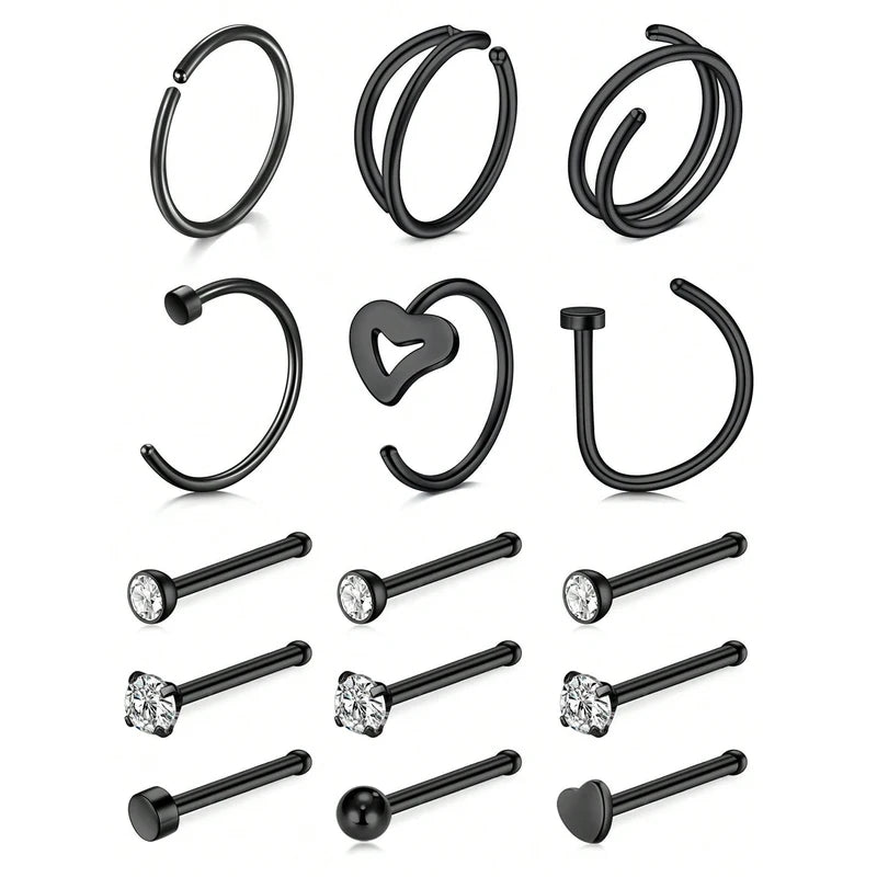 15Pcs Stainless Steel Nose Rings Studs Hoops Lip Bone Shaped Piercing Jewelry