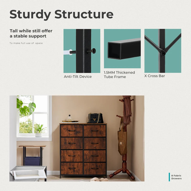 Fabric Drawer Cabinet with Wooden Top and Metal Frame, Multi-Use Storage Chest for Living Room or Bedroom