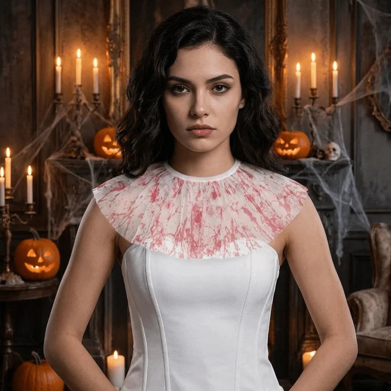 Blood Colored Dress Up Set with Lace Pleats and Detachable Ruffles for Costume Play