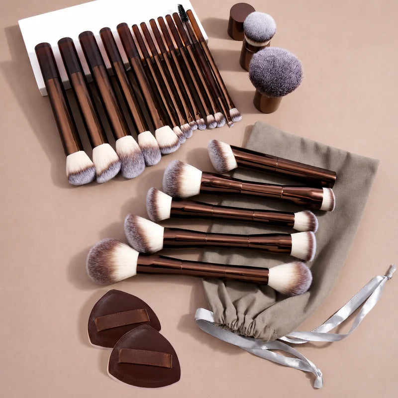 20-Piece Makeup Brush Set with Bag & Puffs, Dual-Ended Face & Eye Brushes, Soft Synthetic Bristles