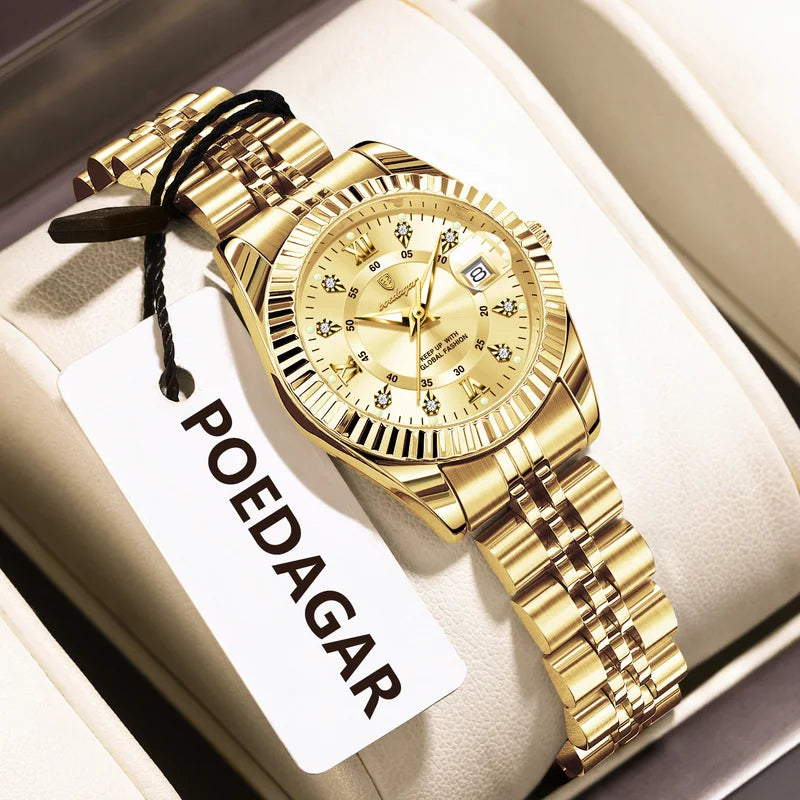 Women's Waterproof Luminous Date Stainless Steel Quartz Wristwatch - Elegant Ladies Watch
