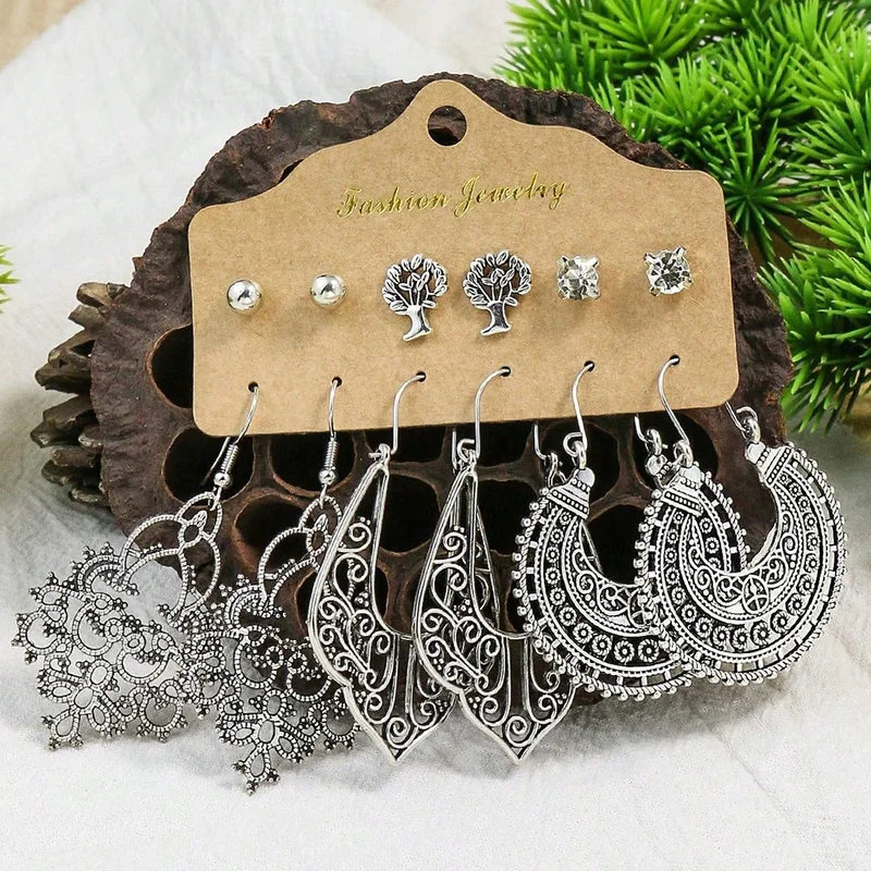 Boho Ethnic Pendant and Round Earrings Set for Women - Vintage Jewelry