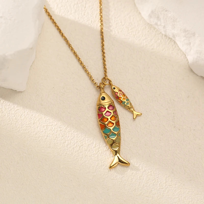 Colorful Fish Pendant Necklace - Stainless Steel Chain Jewelry Gift