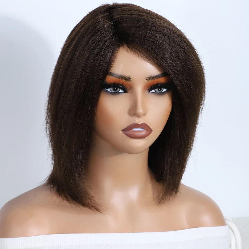 Kinky Straight Bob Wigs for Women 12 Inch Human Hair Natural Brown