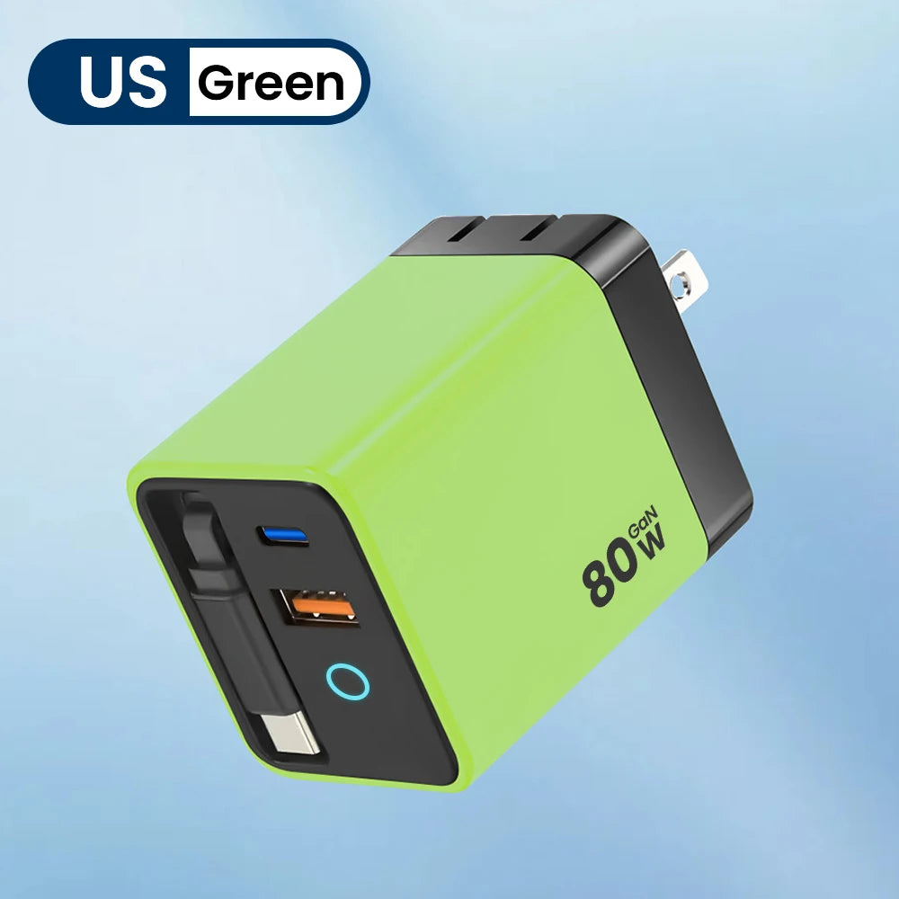 80W Gallium Nitride Fast Charger with Multi-Protocol USB-C Data Cable for Mobile Devices