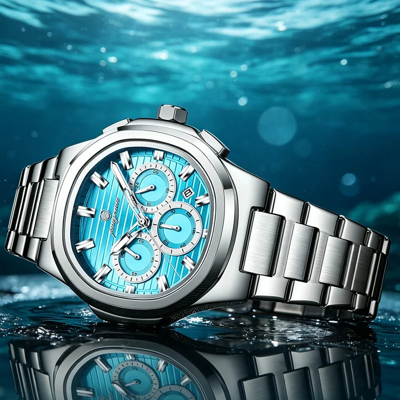 Men's Waterproof Stainless Steel Chronograph Watch with Luminous Dial and Date Function