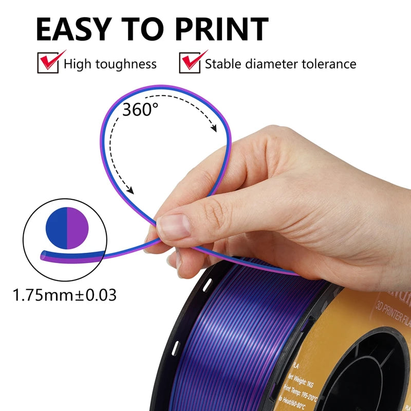 Dual-Color Silk PLA Filament 1.75mm for 3D Printing - 3kg Pack