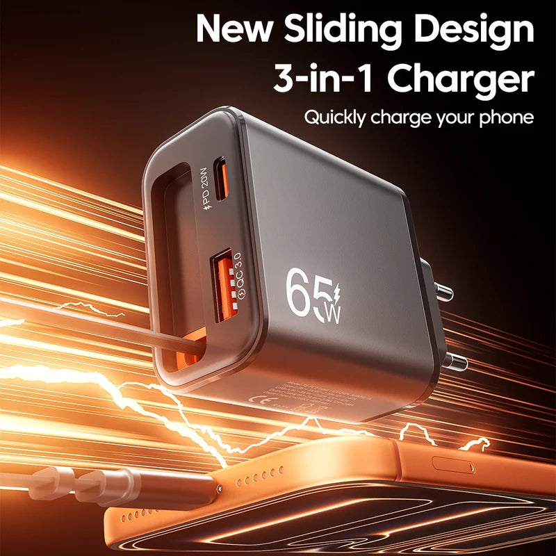 65W USB C Fast Wall Charger with Retractable Type-C Cable and Multi-Port PD QC3.0 Adapter