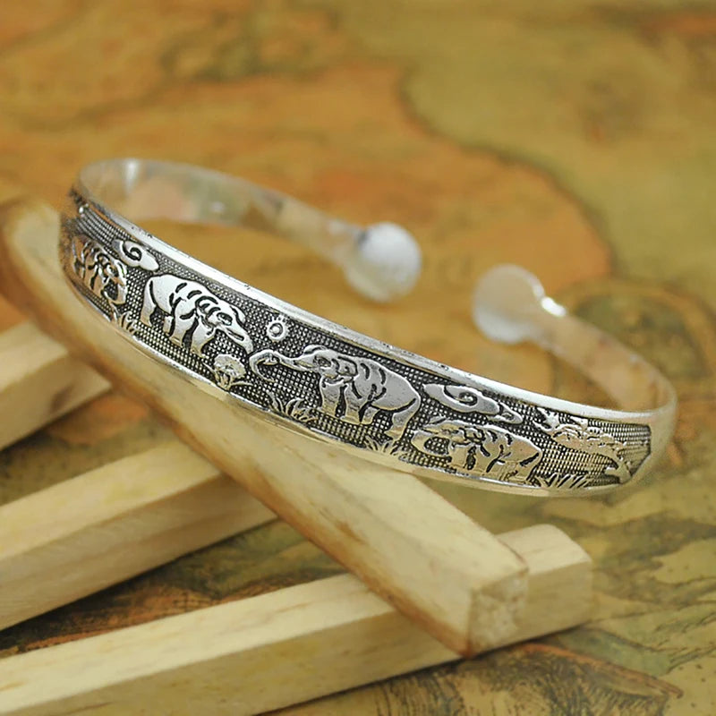 Vintage Tibetan Silver Cuff Bracelets with Carved Fish Elephant and Flower Designs - Gypsy Jewelry for Women