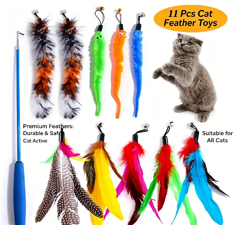 Retractable Cat Feather Wand Toy Set with Replacement Feathers, Interactive Play for Indoor Cats