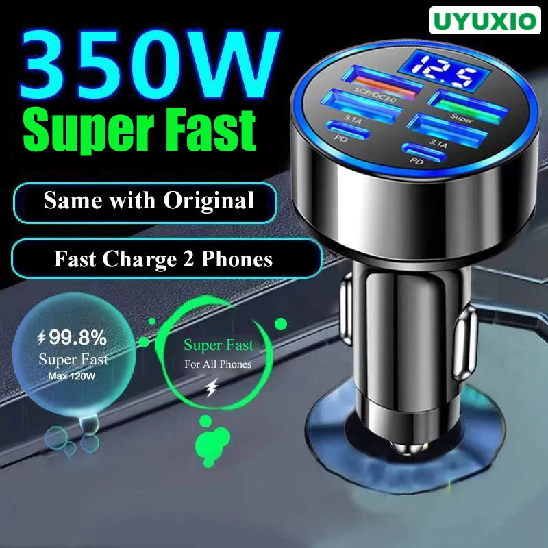 6-in-1 USB C Car Charger Adapter with Voltage Display Fast Charging for iPhone and Samsung