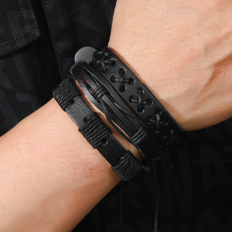 5pcs Unisex Punk Rock Leather Braid Bracelets - Adjustable & Stylish