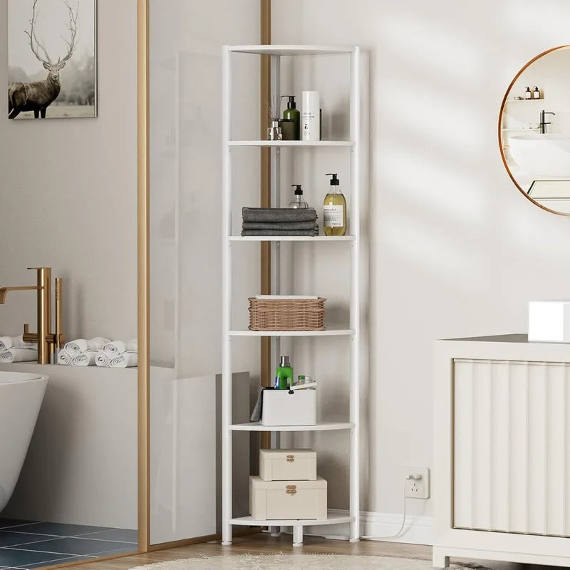 6-Tier Corner Shelf with LED Lights - Tall White Standing Organizer for Home