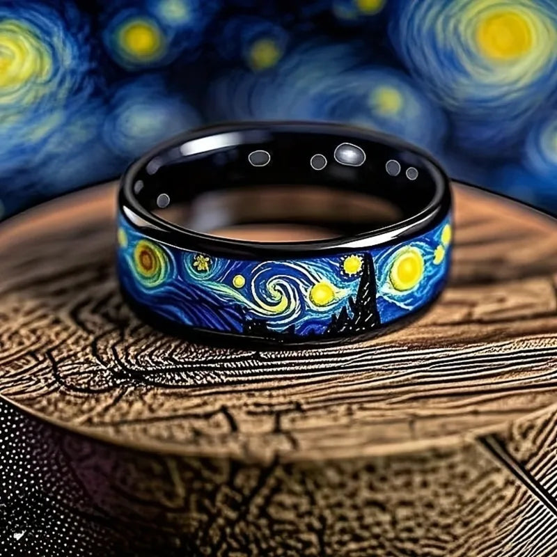 Starry Night Pattern Unisex Men Women Wedding Band Stainless Steel Ring