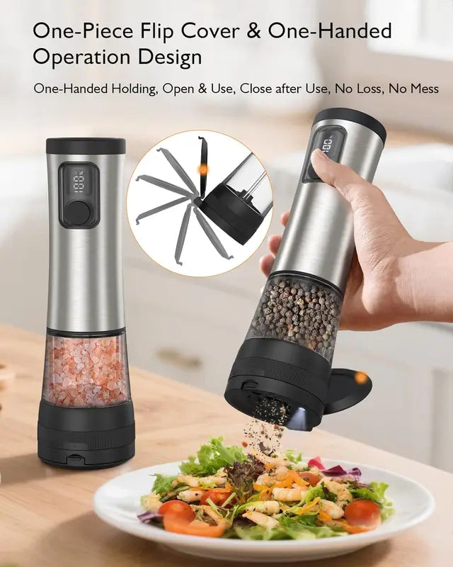 Electric Salt and Pepper Grinder Set with Adjustable Coarseness, LED Display, One-Handed Operation