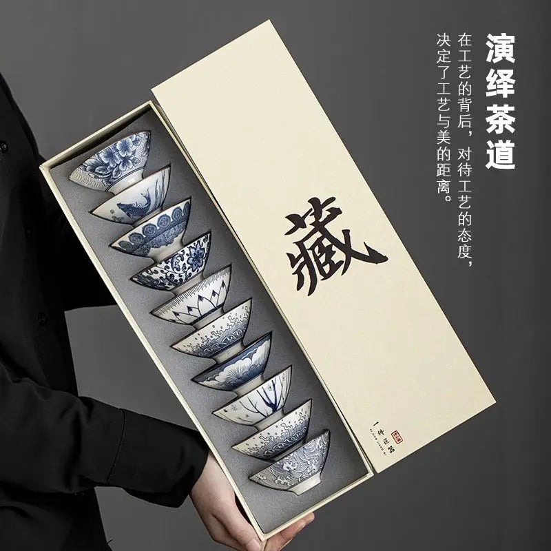 Ceramic Tea Tasting Bowls Set - Vintage Blue and White Porcelain 10 Pcs Gift Box