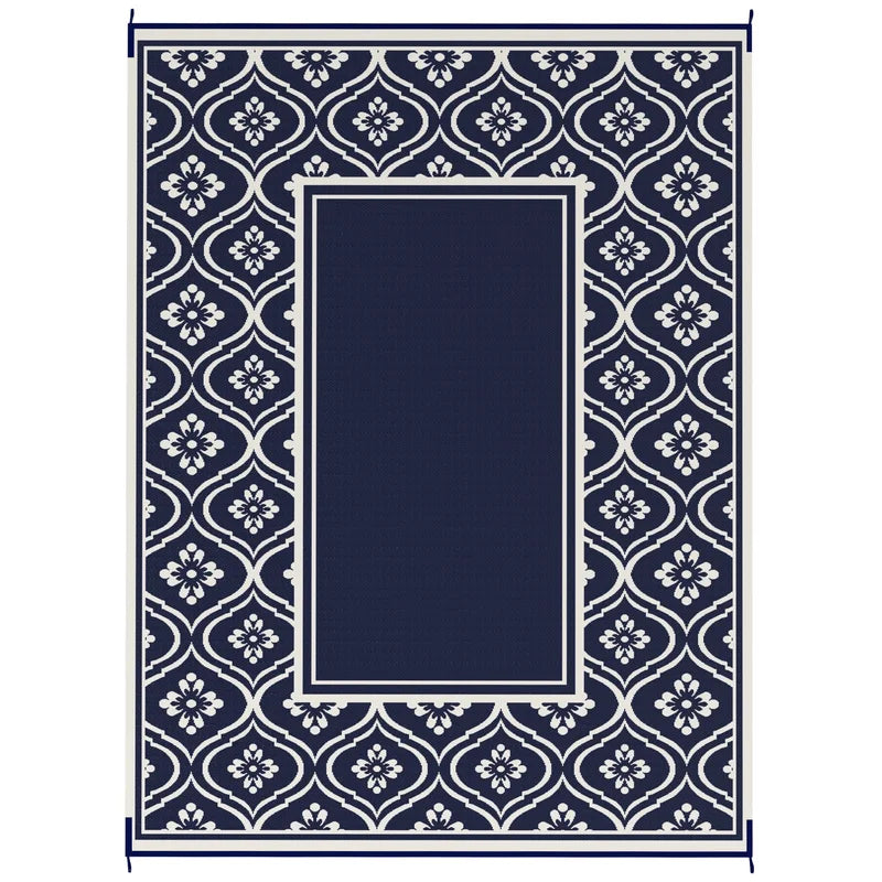 Outdoor Rug 9x12 ft Blue White Gourd Border Reversible Patio Mat