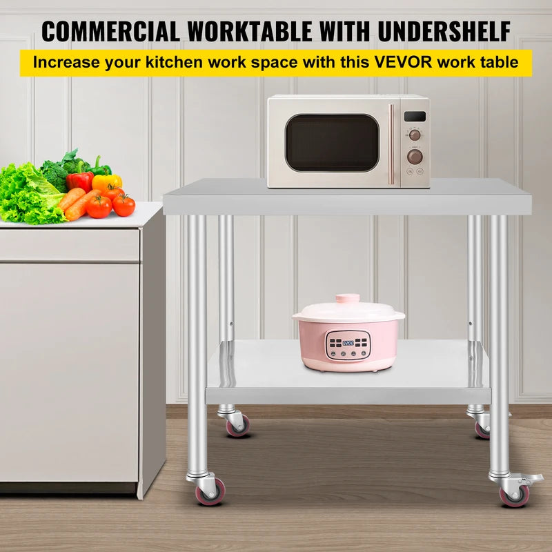 Stainless Steel Kitchen Prep Table with Casters & Backsplash, Load Capacity 100-300KG