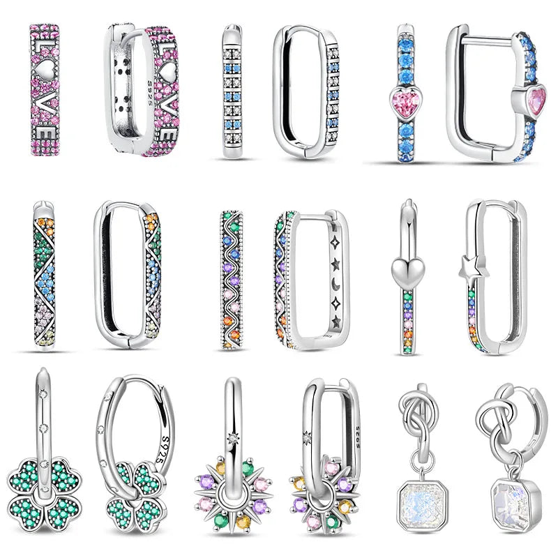 Sterling Silver Four Leaf Clover Hoop Earrings with Colored Zircon for Women