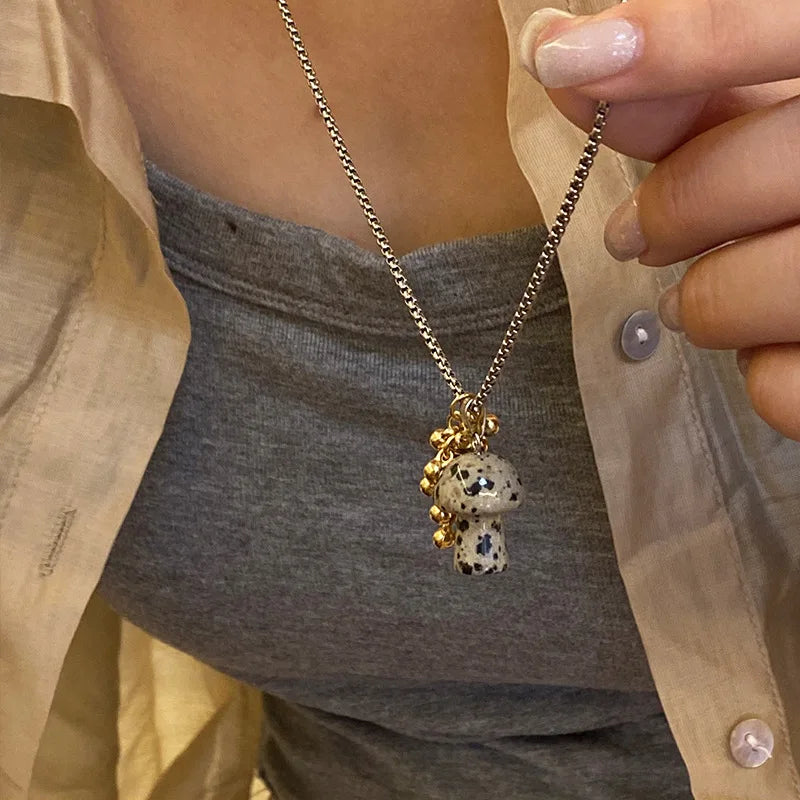 Spotted Tiger Eye Stone Mushroom Pendant Necklace with Versatile Chain for Women
