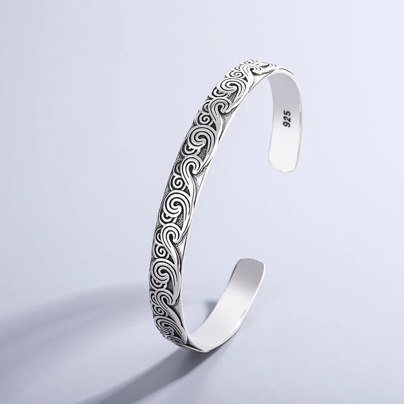 Retro Wave Sterling Silver Bracelet - Cloud Design Bangles for Women