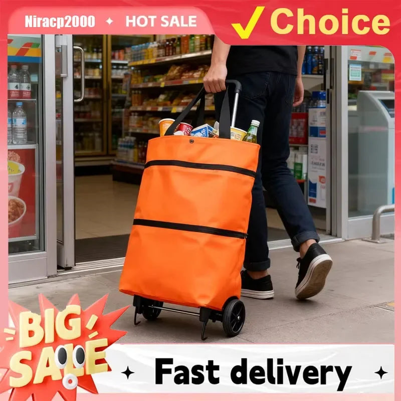 Foldable Shopping Cart with Wheels and Trolley Basket — Compact Grocery Trolley for Home & Supermarket