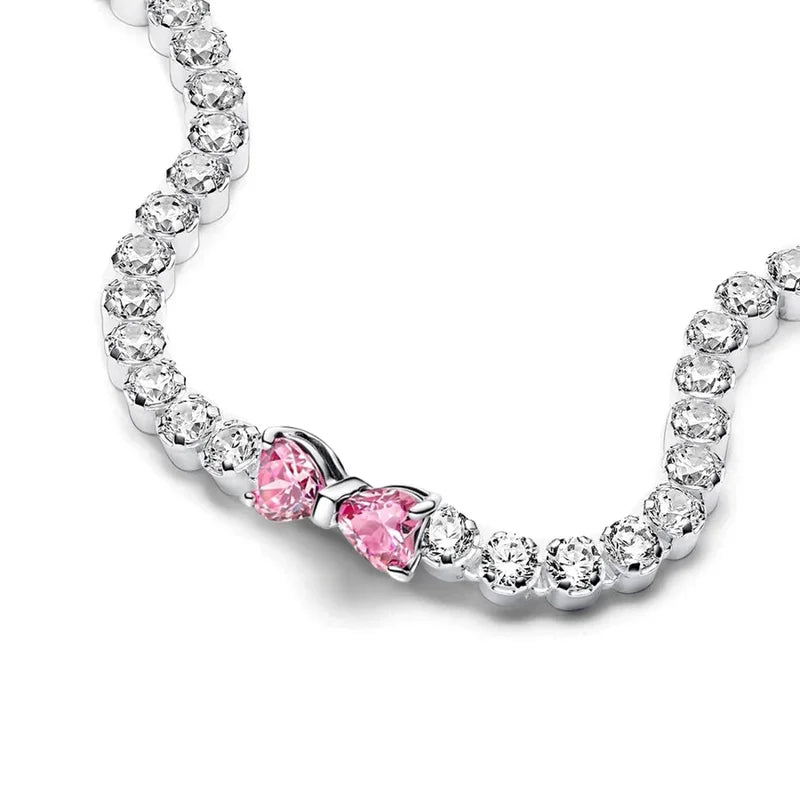 Valentine Pink Bow Silver Bracelet for Women - Diamond Charm Jewelry