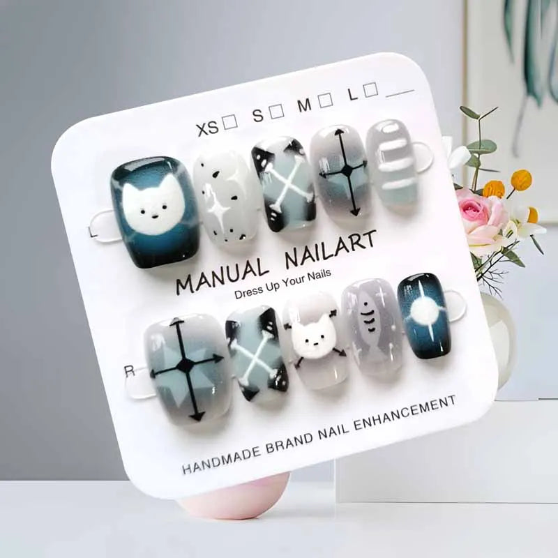 10-Pack Cute Cartoon Black Cat Geometric Nail Art Stickers for Fake Nails