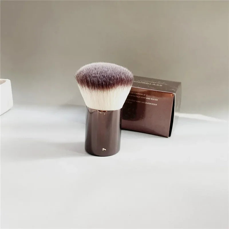 Portable Powder & Blush Makeup Brush - Finishing Kabuki Brush, Brown Metal Handle