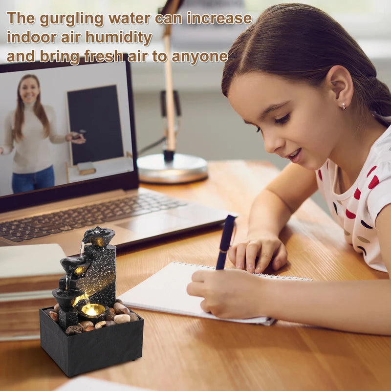 Tabletop Water Fountain with Lights – Relaxation Desk Decor for Home & Office