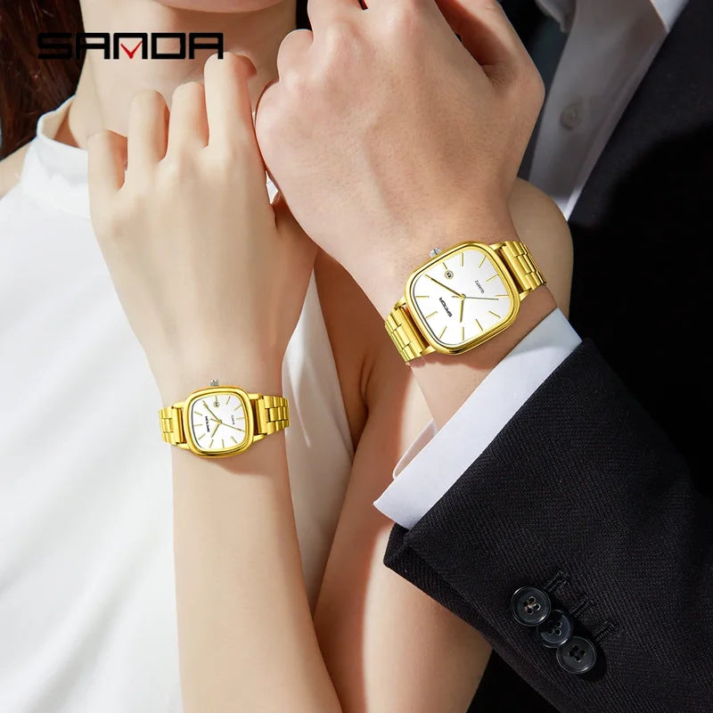Couple Quartz Watch Set Men & Women's Square Dial Waterproof Calendar Elegant