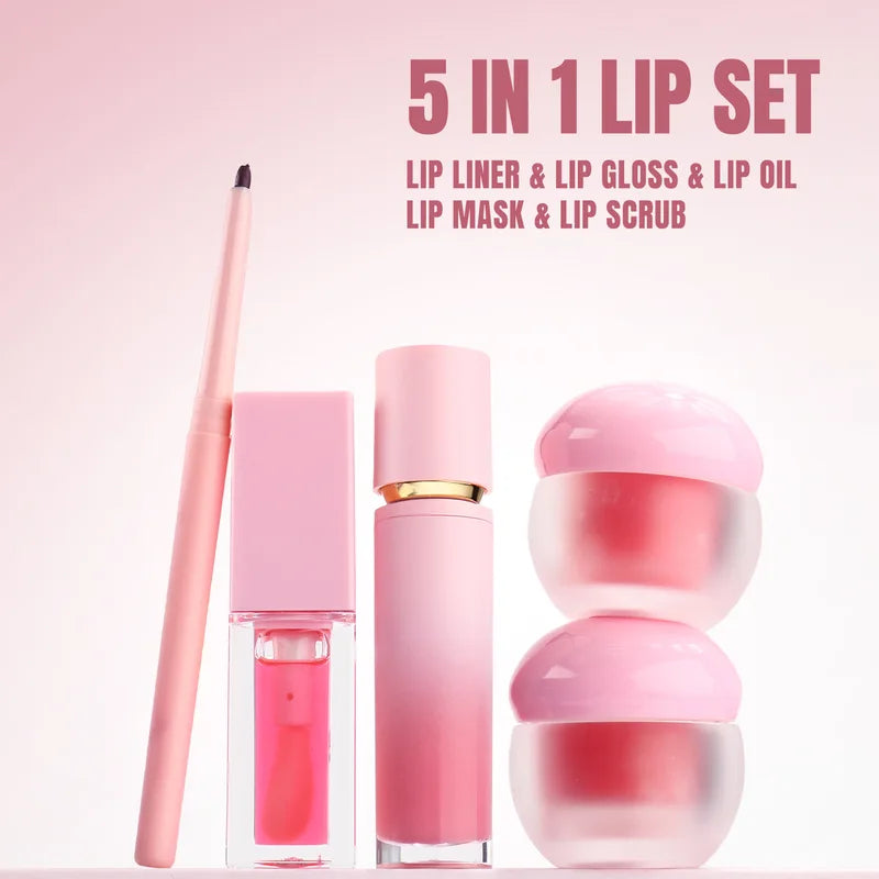 5-in-1 Lip Makeup Set Lip Gloss Lipliner Lip Mask & Scrub Beauty Gift Kit