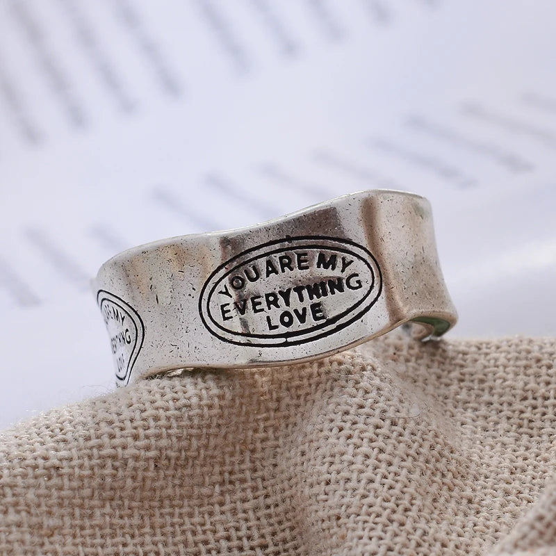 Elegant Green Stripe Letter Carving Silver Ring for Women - Retro Thai Jewelry Gift