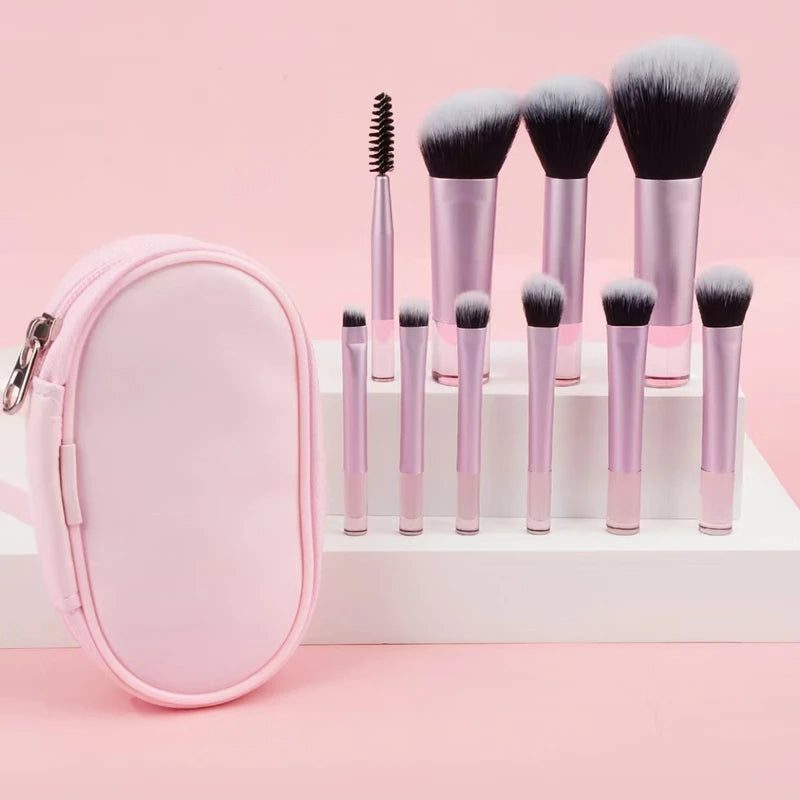 Mini Makeup Brush Set - 10-Piece Portable Face Brush Kit in Multiple Colors