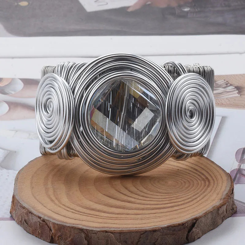 Heavy Metal Wire Winding Cuff Bangles for Women - Big Rhinestone Jewelry Gift