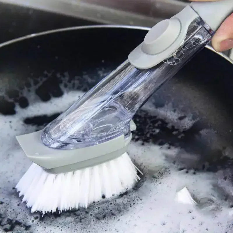 2-in-1 Kitchen Cleaning Brush with Long Handle and Removable Sponge Dispenser