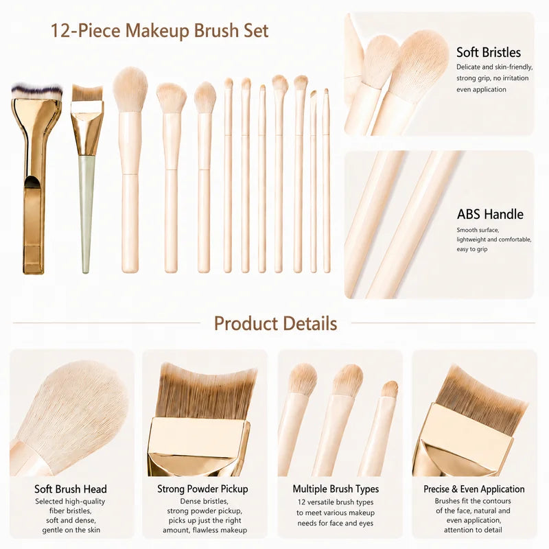 12-Piece Makeup Brush Set with Foundation, Powder & Eyeshadow Brushes