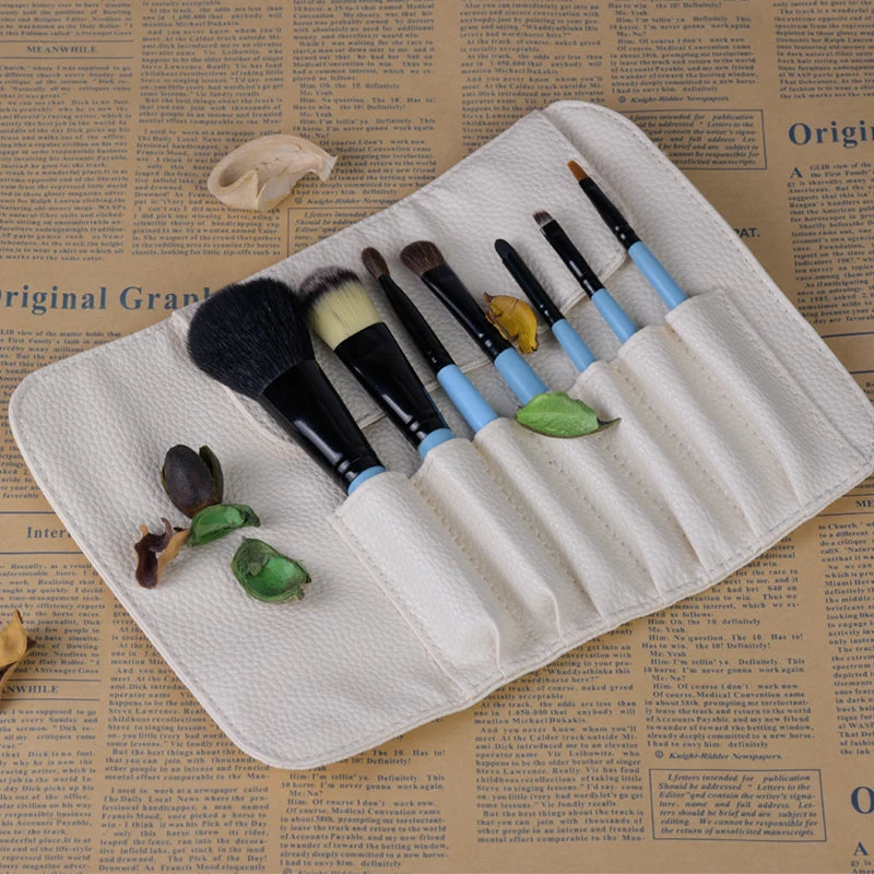 7-Piece Pink Makeup Brush Set with Leather Case - Portable Cosmetic Tools Kit