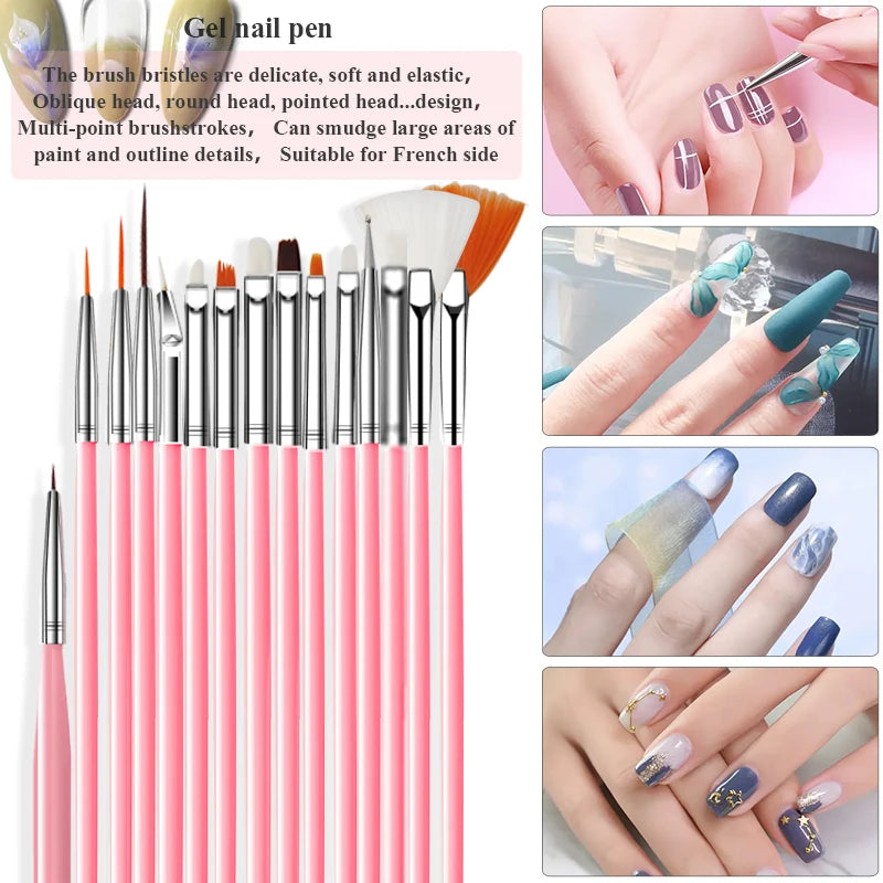 15Pcs Nail Art Liner Brush Set for UV Gel, French, Flower, Painting, Drawing
